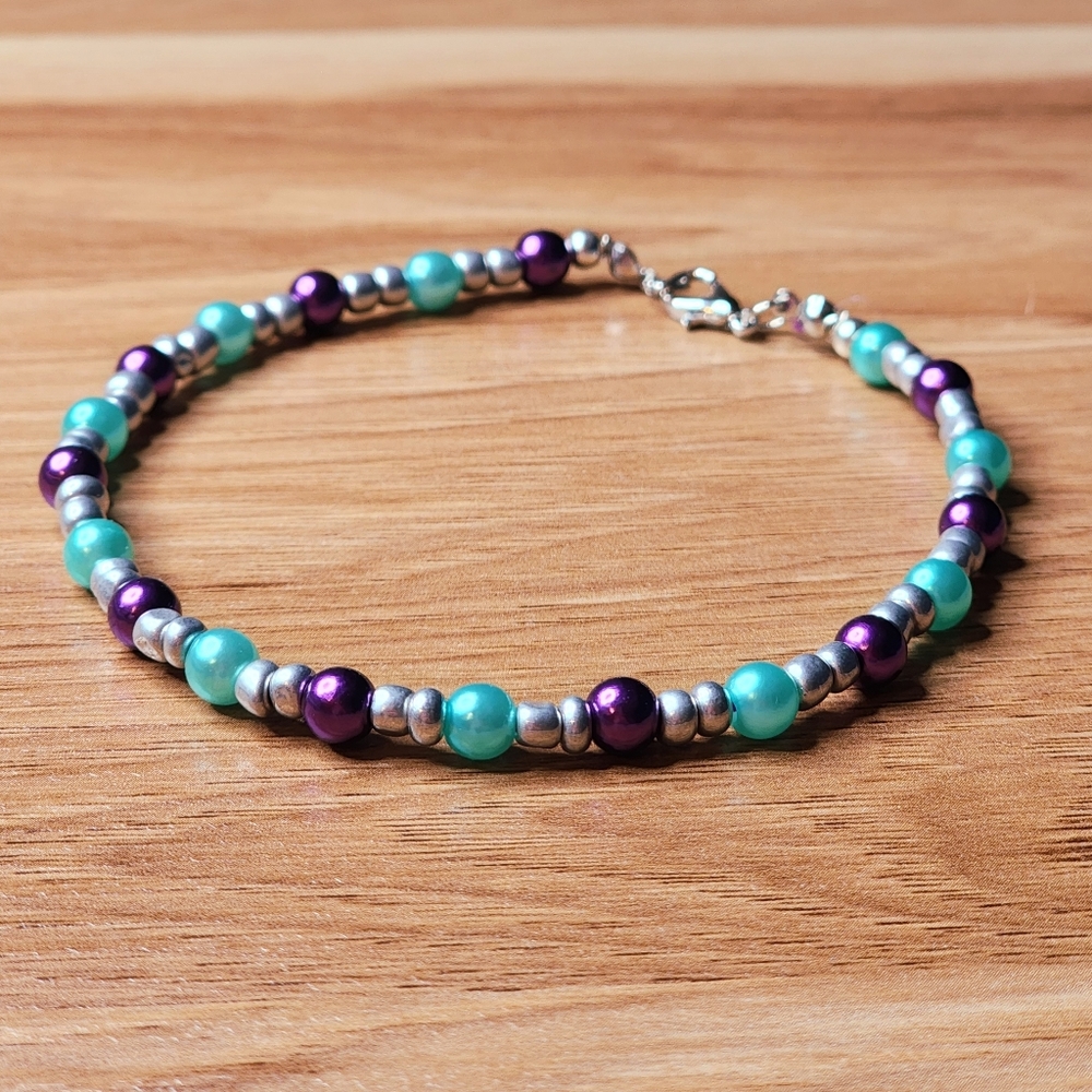 Purple & Aqua Pearl & Silver Glass Seed Beads Beaded Ankle Bracelet Handmade